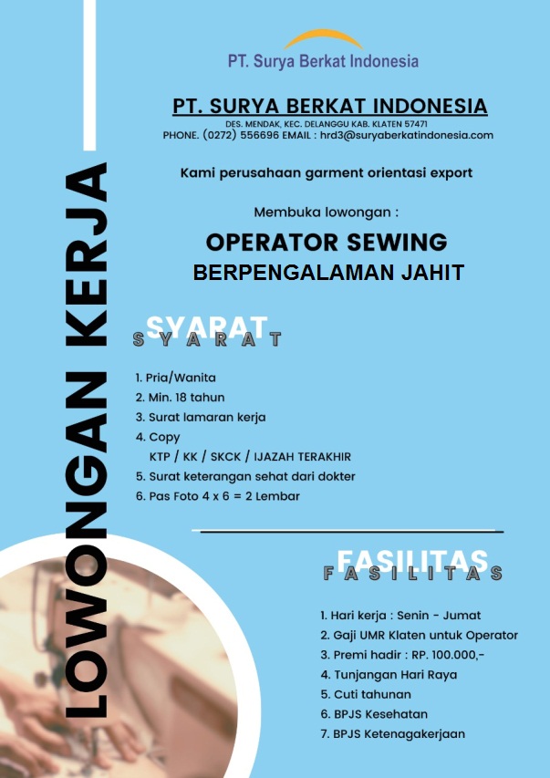 Operator Sewing (Jahit) Berpengalaman