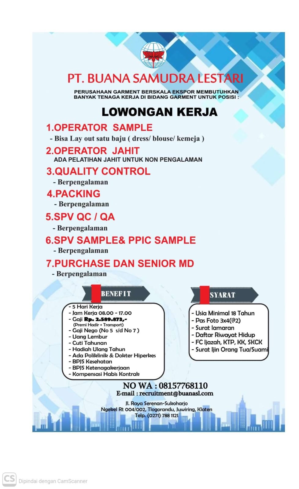 LOWONGAN KERJA PT BUANA SAMUDRA LESTARI